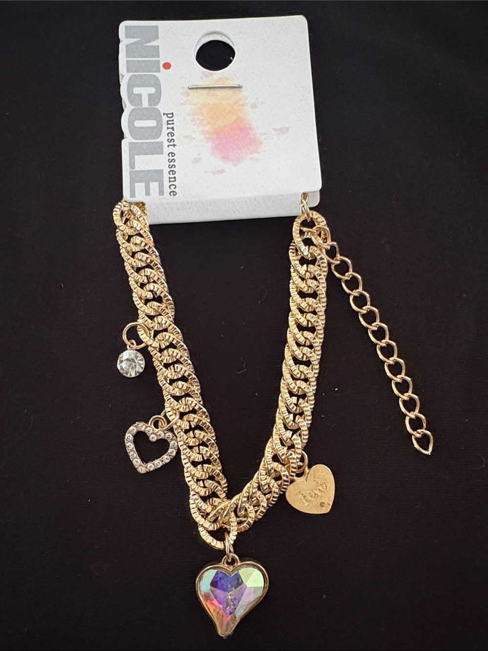 Nicole Gold-Tone Multi-Heart Charm Bracelet with Iridescent Pendant